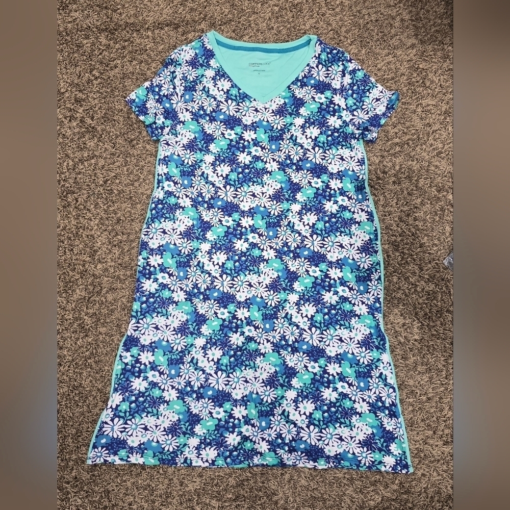 Cuddl Duds Navy Blue Floral Lounge Dress Short Sleeve Slit Hem - Size XS NWOT